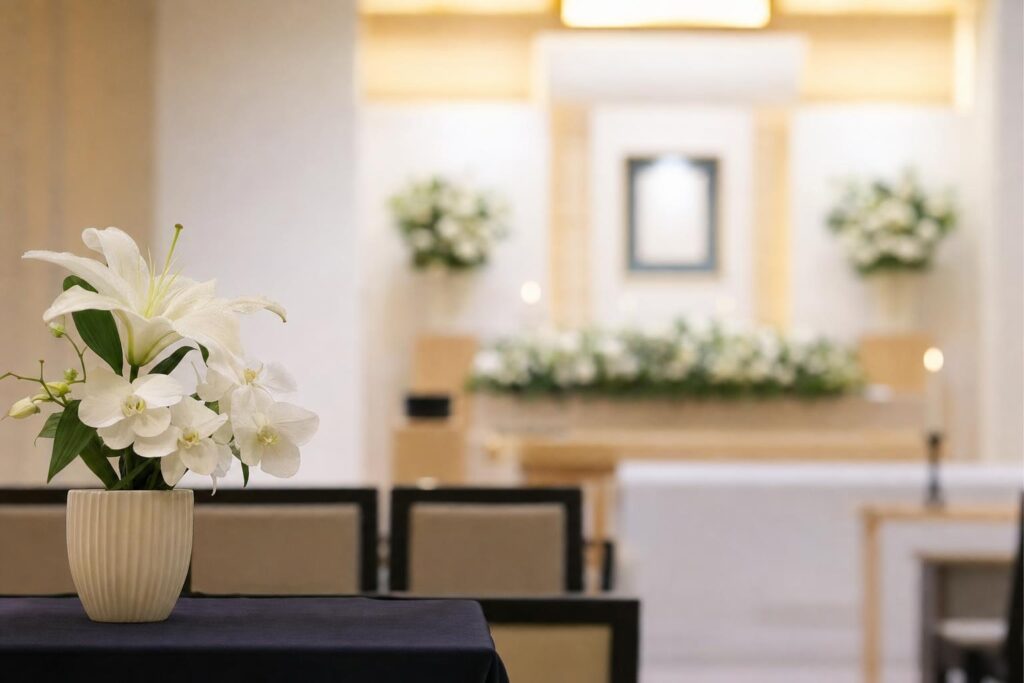 白いユリを生けた式場のお別れの場