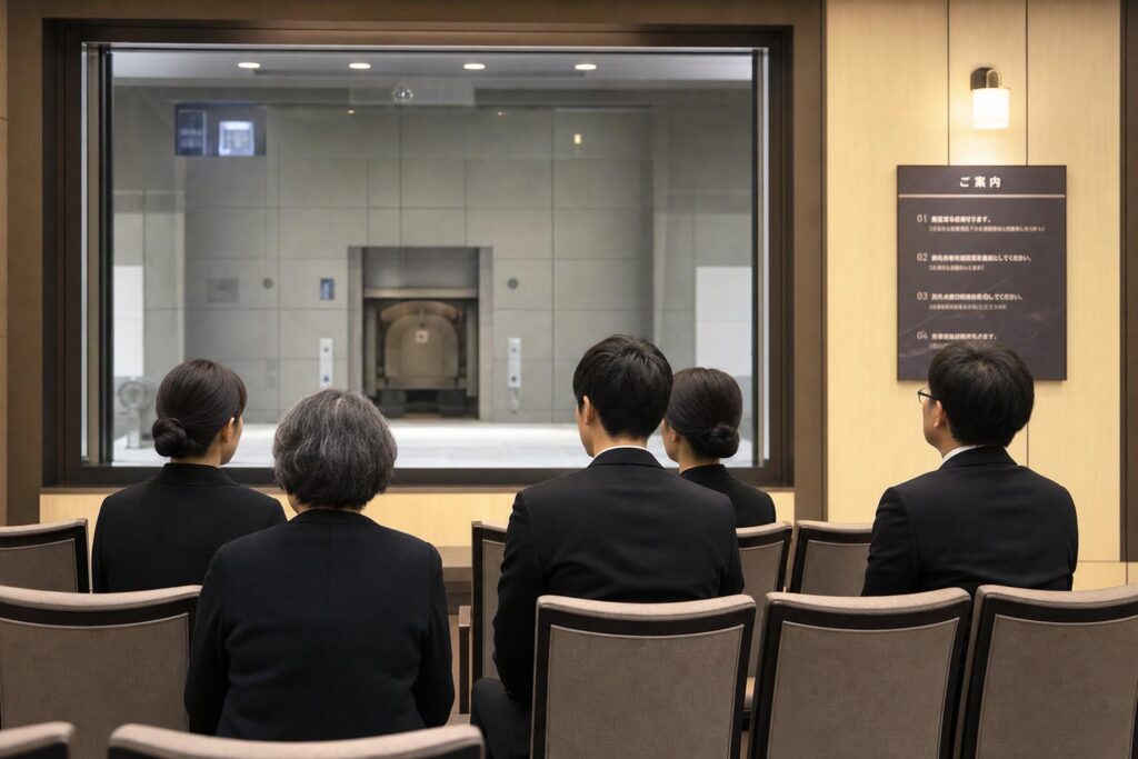 火葬炉の前でお別れをするご家族