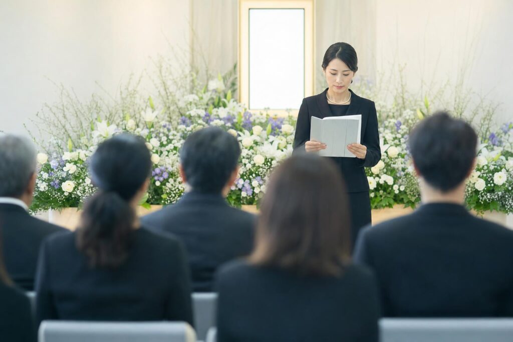お別れの言葉を読み上げる喪主の女性