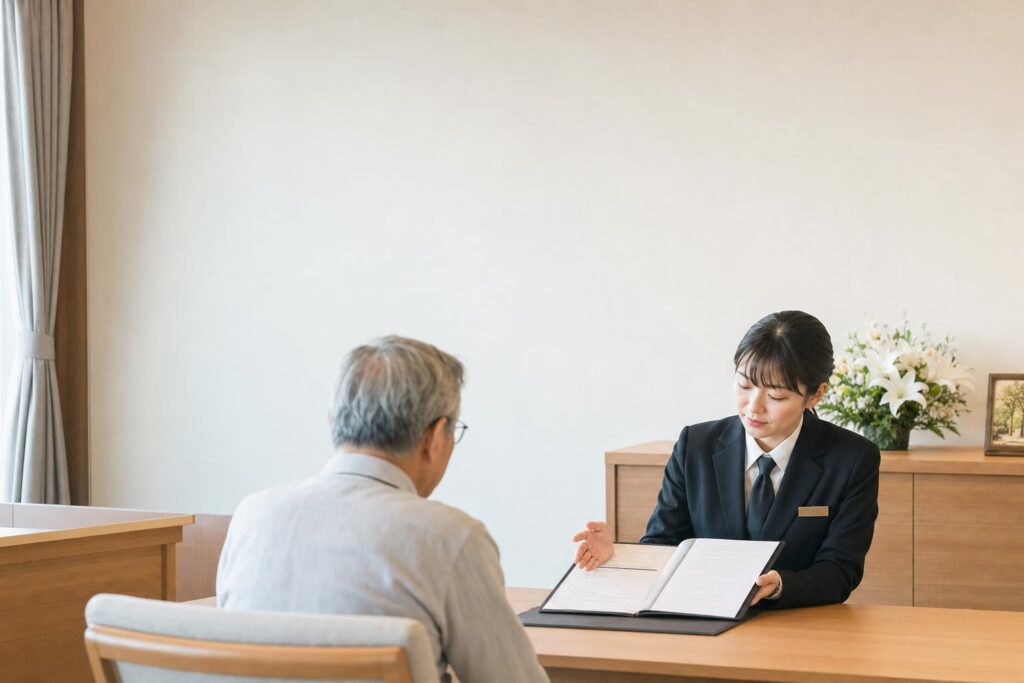 女性の葬儀スタッフと、70代男性が打ち合わせをしている様子