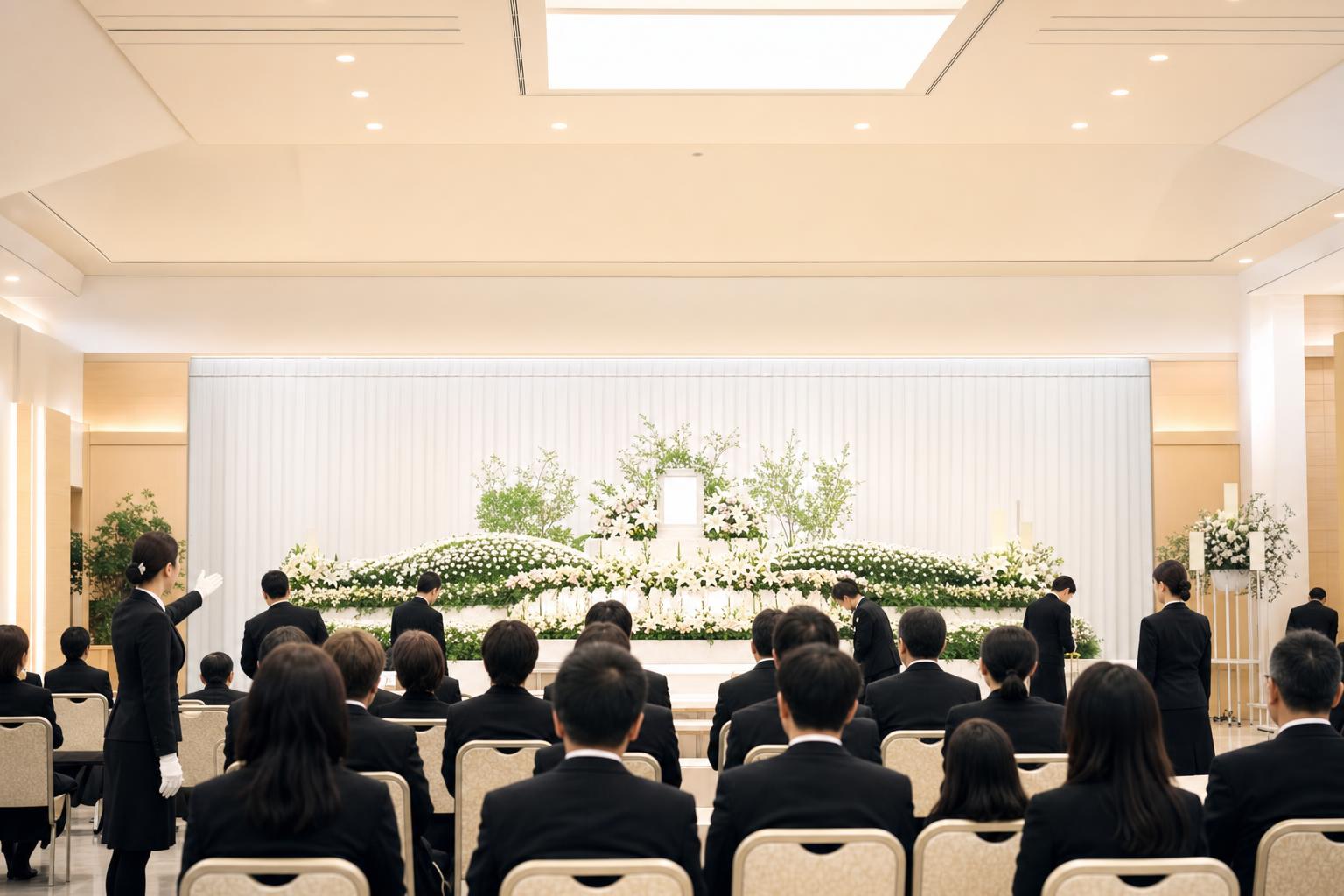 つくば市の葬儀で参列者を案内する葬儀スタッフと生花祭壇