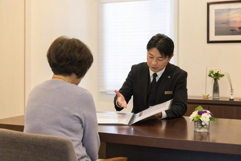 つくば市の葬儀社スタッフと打ち合わせをする60代の喪主
