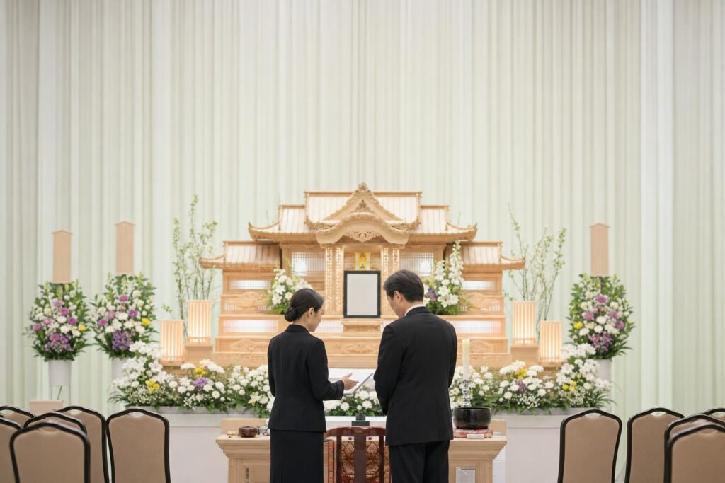 坂東市の家族葬で白木祭壇の前で打ち合わせをする喪主と葬儀スタッフ