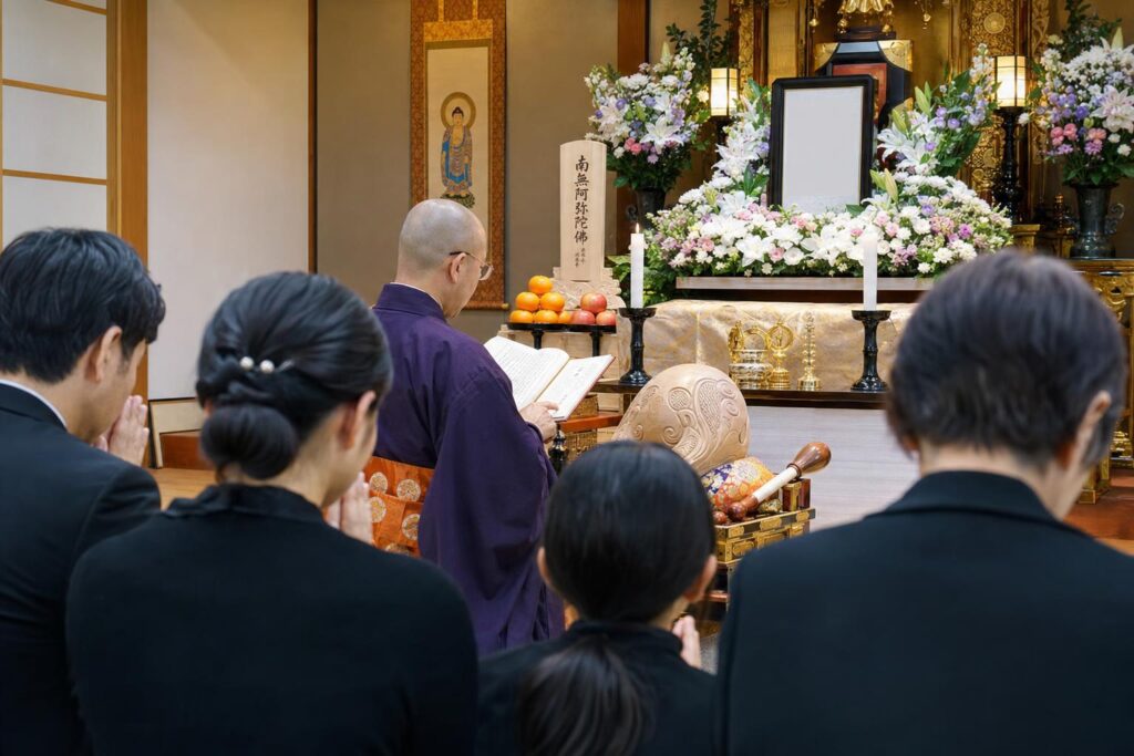 読経する僧侶と手を合わせる遺族の後ろ姿