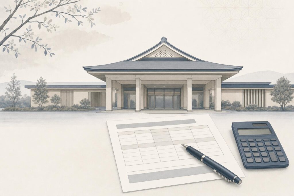 公営斎場の建物と、見積書・電卓のイラスト