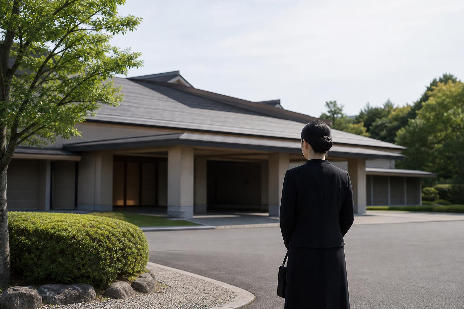 茨城県の公営斎場の外観と喪服姿の人が佇む様子