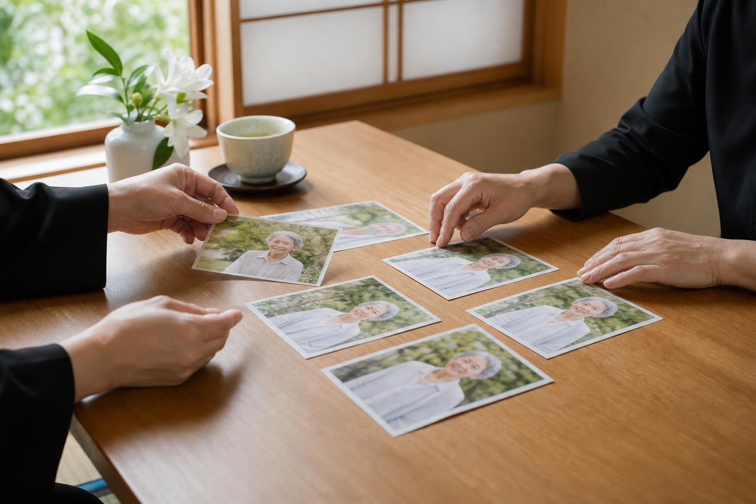 遺影に使う写真を家族が選んでいる様子