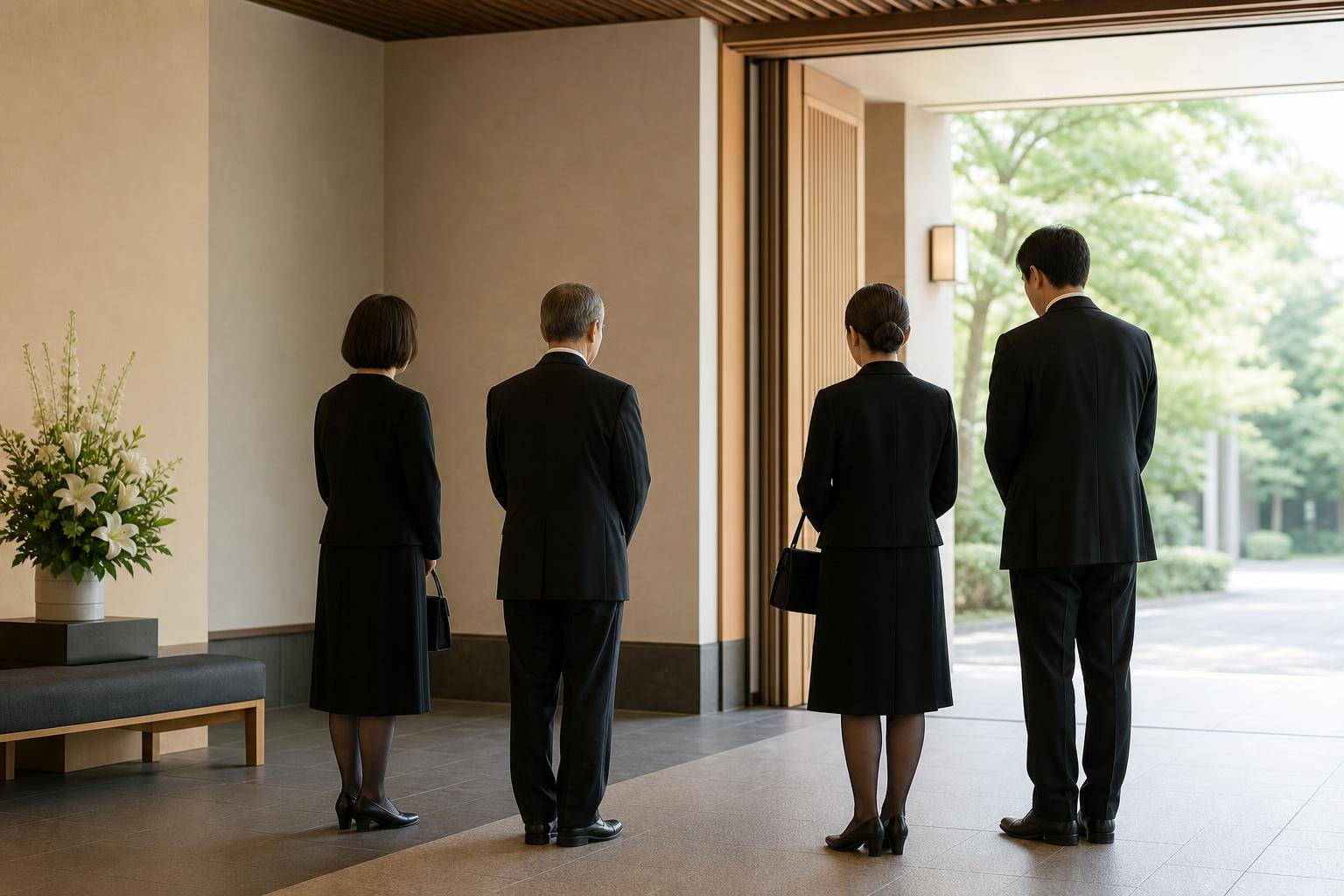 公営斎場の式場入口でご家族が集まっている様子