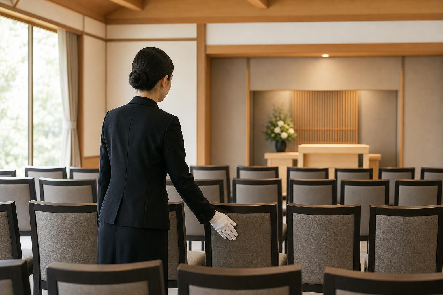 斎場の式場で椅子の配置を確認している様子