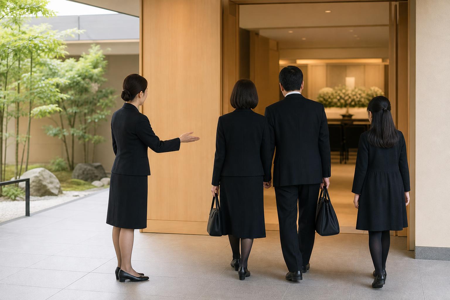 斎場の式場前でご家族が案内を受けている様子