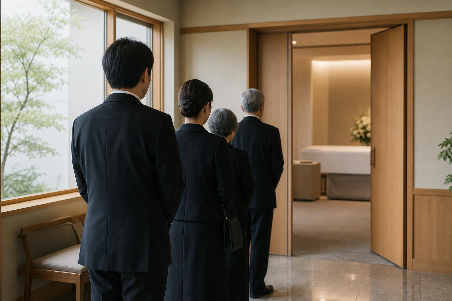 斎場の安置室前でご家族が静かに待っている様子