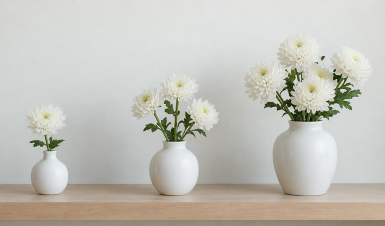 大きさの違う3つの花器に生けられた白い菊