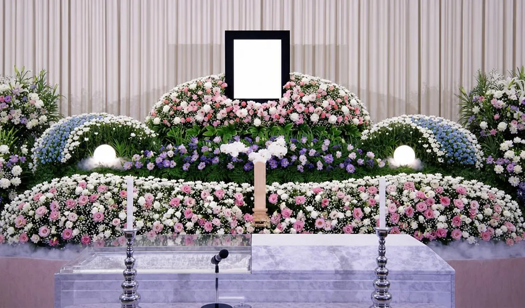 白とピンクの生花で組まれた祭壇（家族葬プランのイメージ）