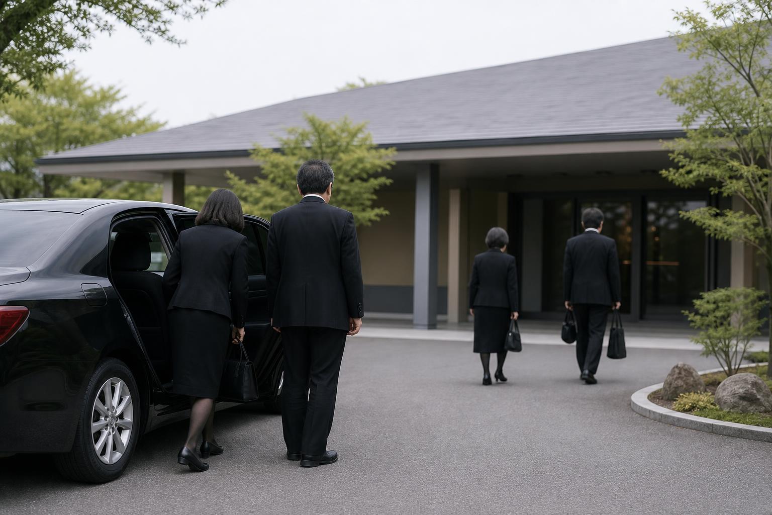 斎場の駐車場に到着した親族が車から降りている様子