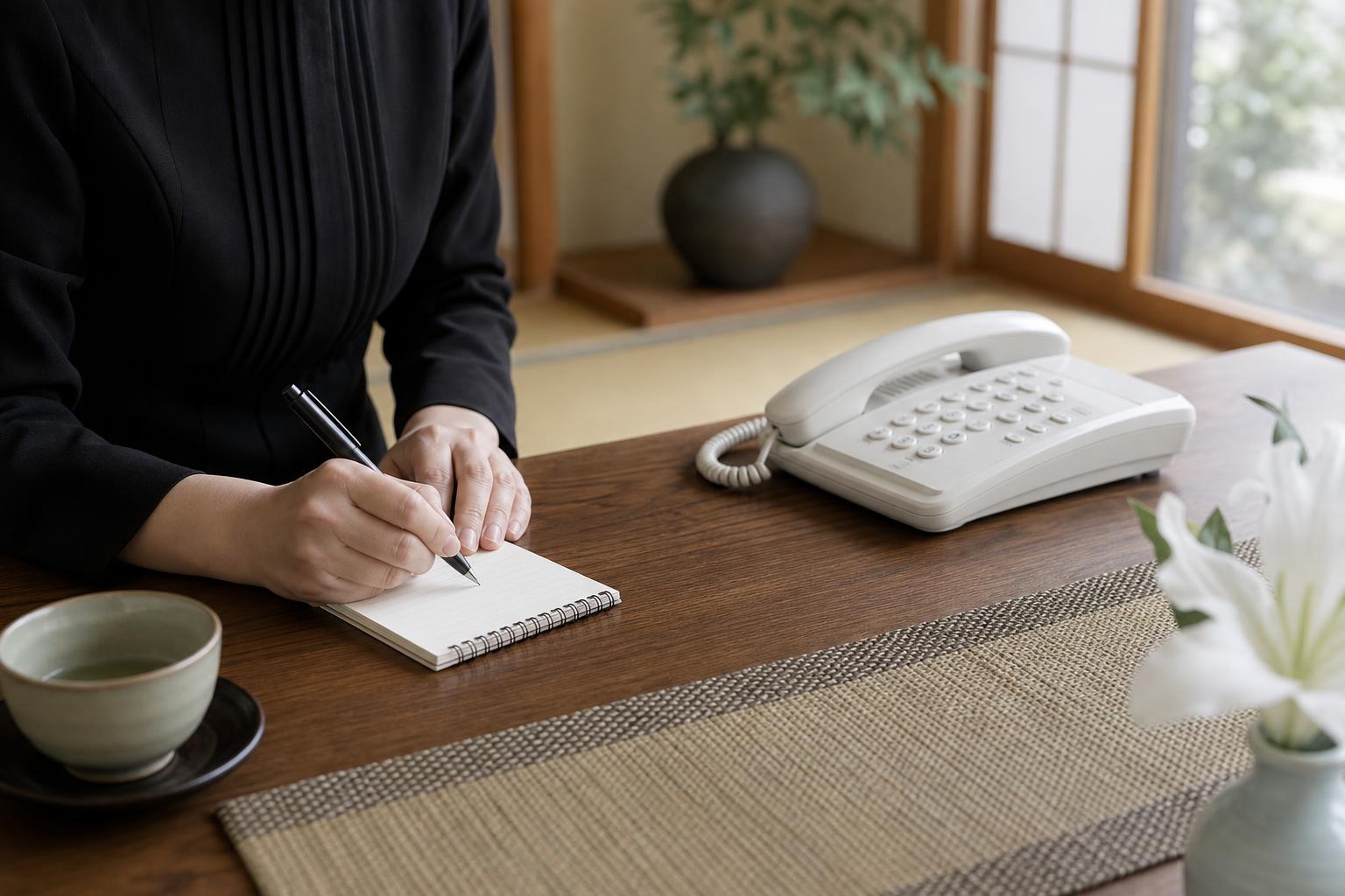 訃報の連絡先をメモする家族の手元