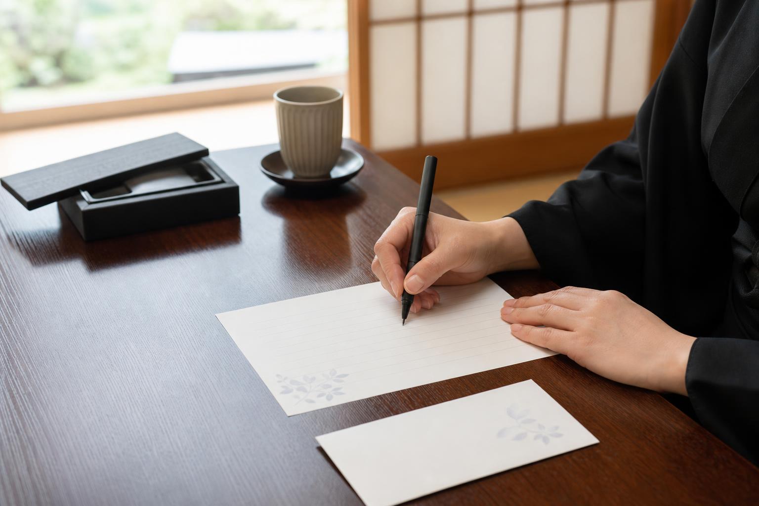文机で喪中はがきを書いている手元の様子