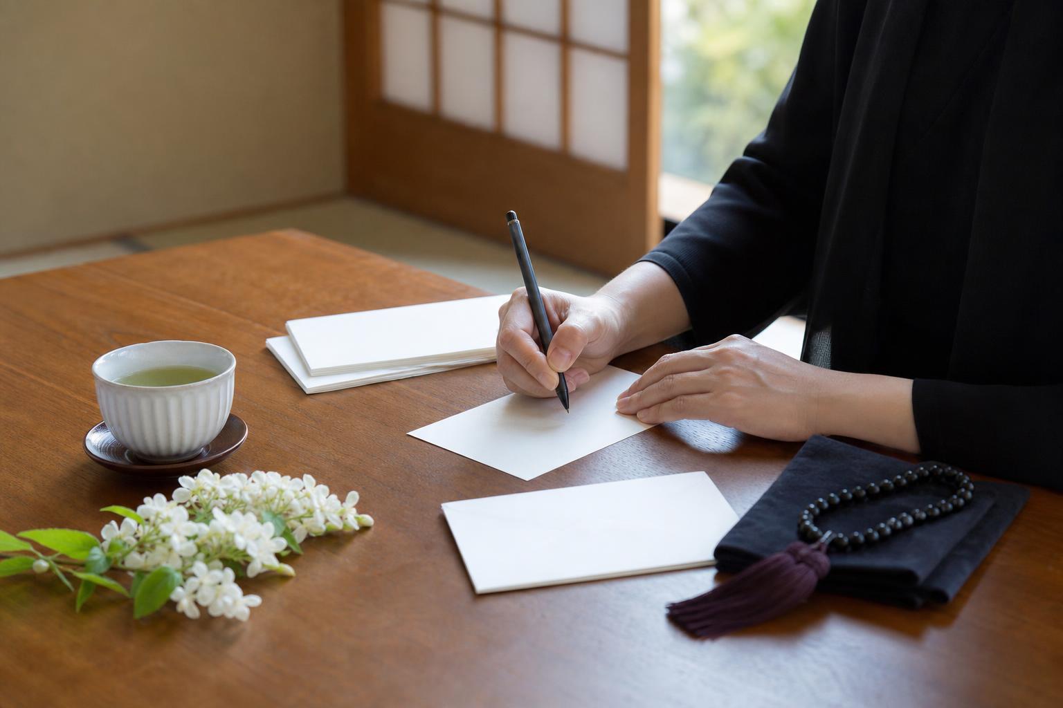 自宅で喪中はがきを書いている手元の様子