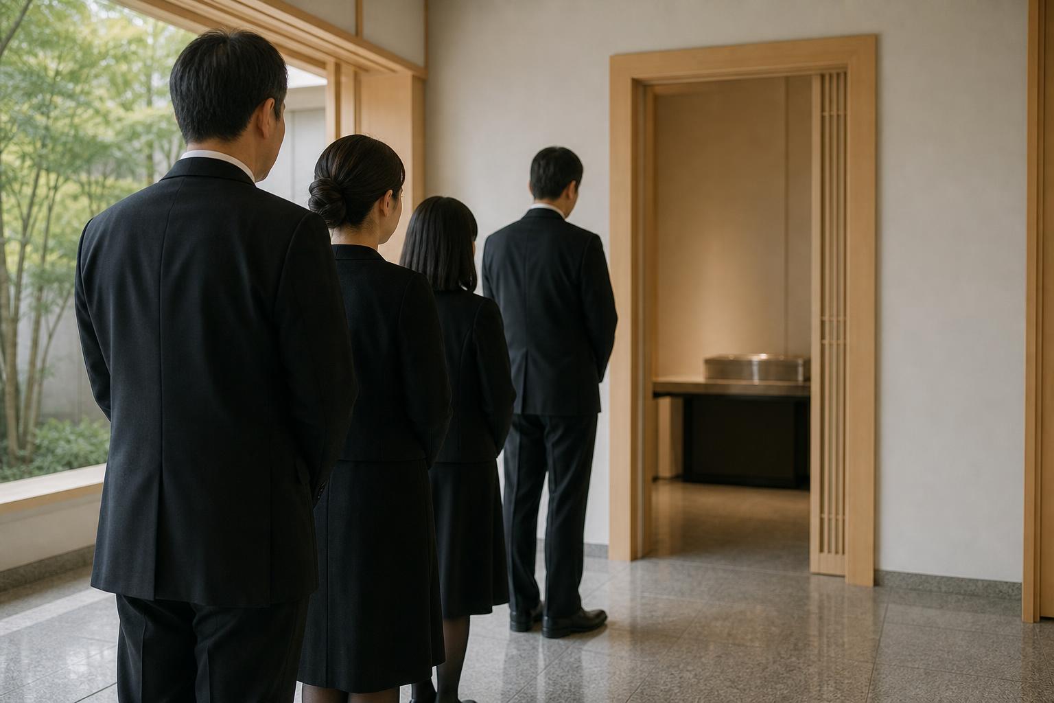 斎場の収骨室の前でご家族が静かに待っている様子